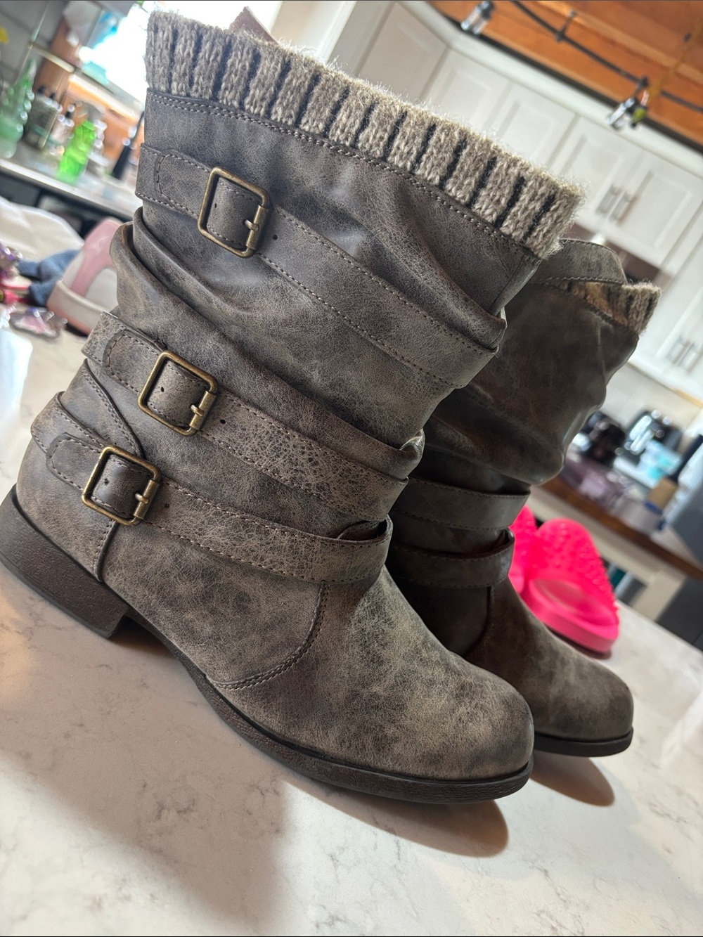 Women’s Gray Knit-Cuff Buckle Ankle Boots
